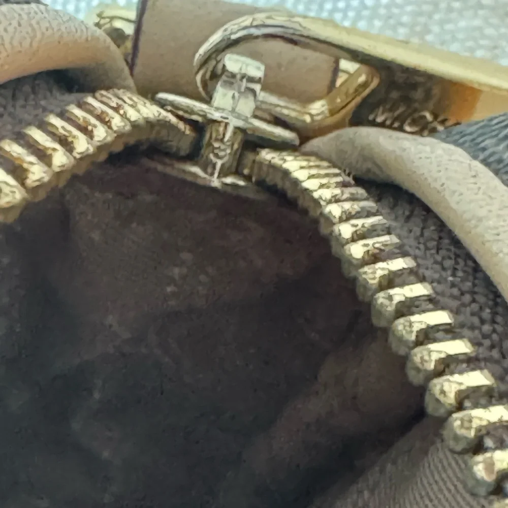 Michael Kors Dark Brown Monogram Camera Crossbody Bag with Gold Accents